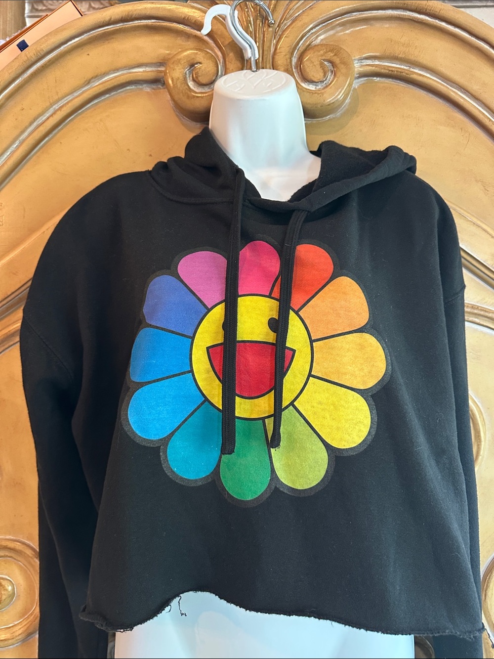 Women's Black Cropped Hoodie with Rainbow Murakami-like Flower Graphic